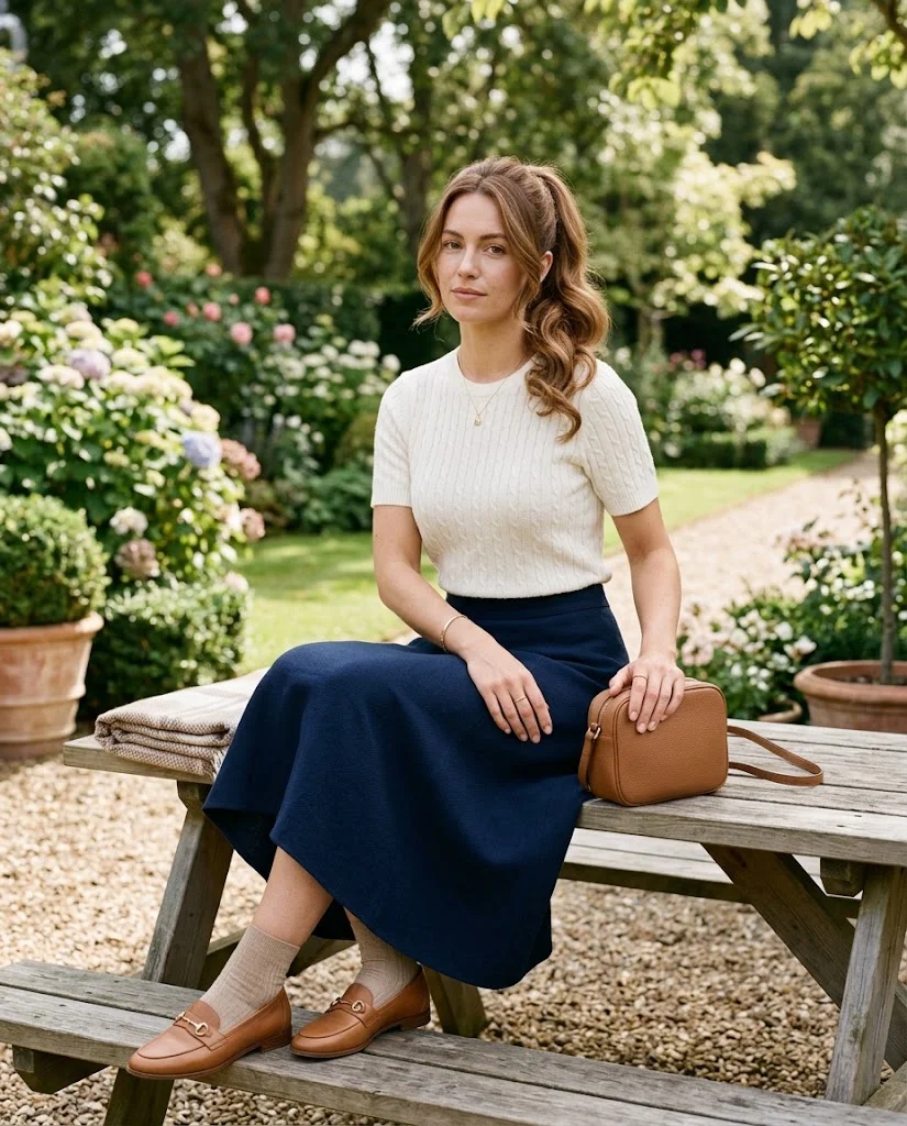 women wearing Navy Skirt With an Ivory Knit Top