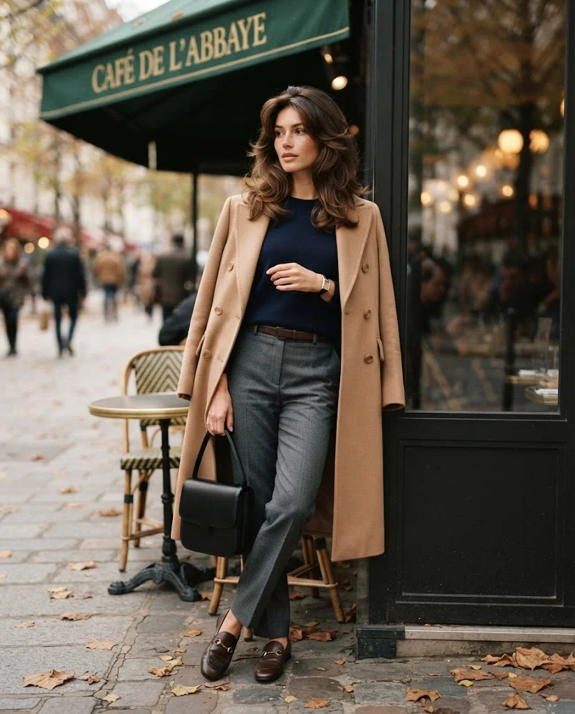 Navy Sweater with Gray Tailored Trousers, an elegant old money fall brunch outfit for women