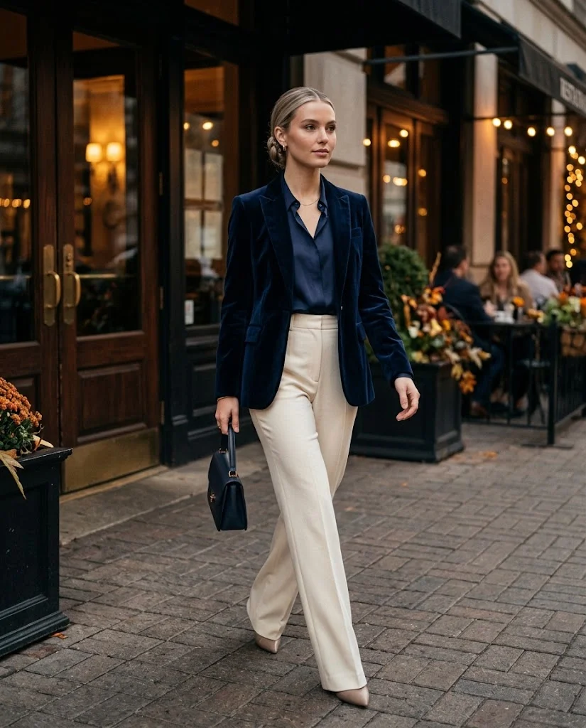 Navy Velvet Blazer with Tailored Trousers, an elegant old money fall dinner outfit for women