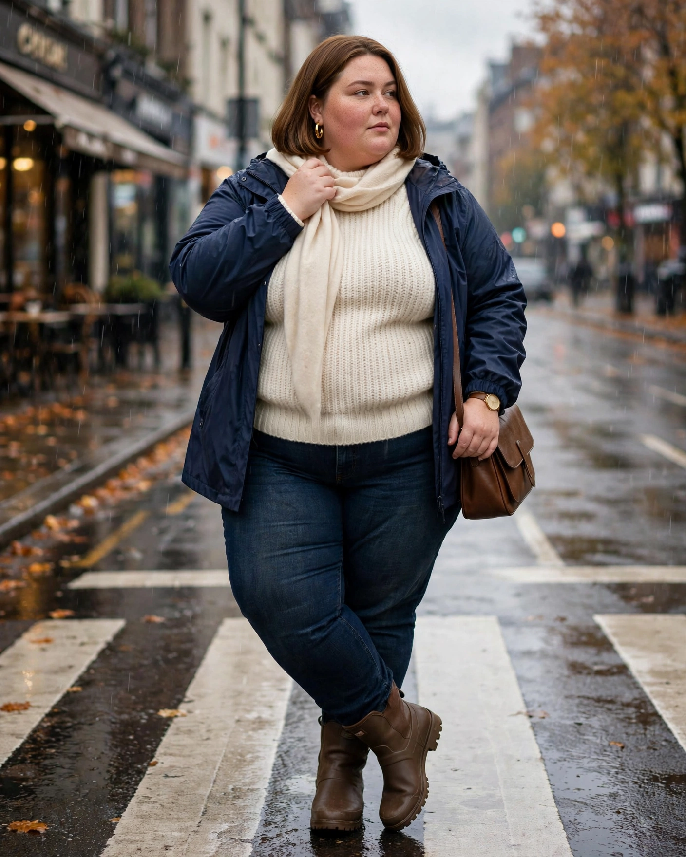 Navy Waterproof Jacket With a Cream Sweater and Dark Jeans Plus Size Rainy Fall Outfit