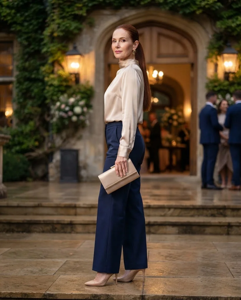 Navy Wide-Leg Trousers with Champagne Blouse, a semi-formal wedding guest outfit for women over 50