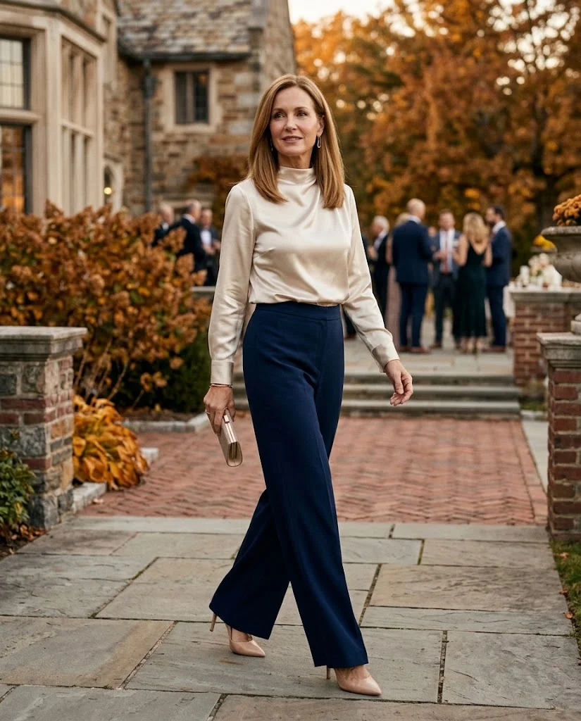 Navy Wide-Leg Trousers with Satin Blouse, a fall wedding guest outfit for women over 50