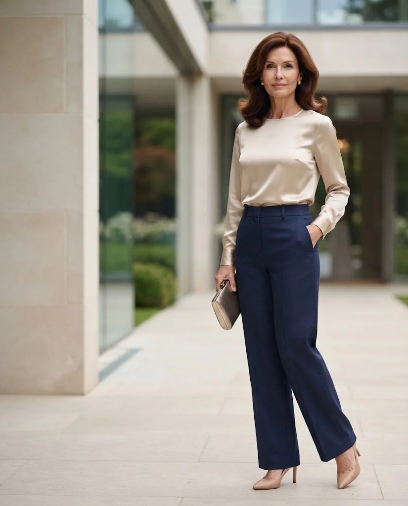 Navy Wide-Leg Trousers with Satin Blouse, an elegant wedding guest outfit for women over 50