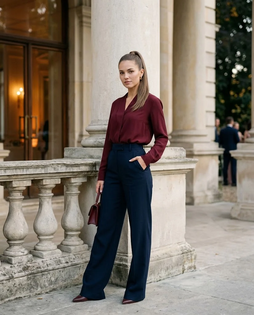 women wearing Navy Wide-Leg Trousers With a Burgundy Blouse