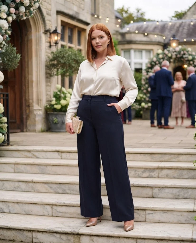 women wearing Navy Wide-Leg Trousers With a Satin Blouse