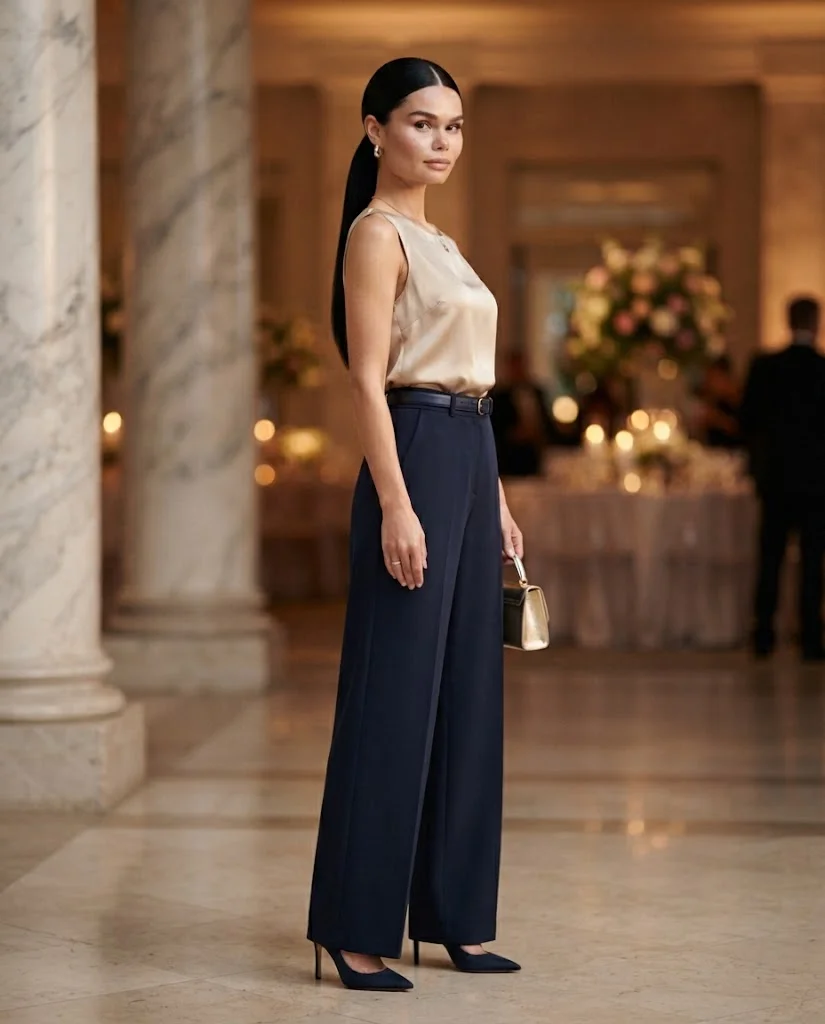 Navy Wide-Leg Trousers with a Champagne Silk Top, a classy and elegant wedding guest outfit for women