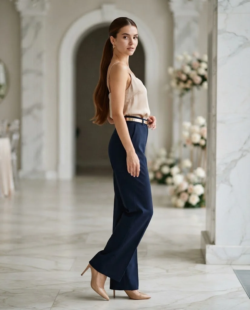 Navy Wide-Leg Trousers with a Satin Camisole, a stylish petite wedding guest outfit for women