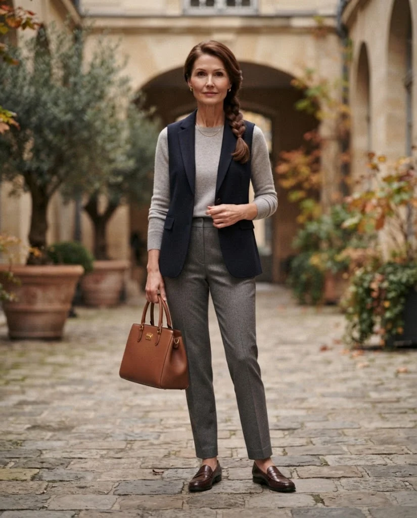 women wearing  Navy Wool Vest With a Soft Gray Blouse