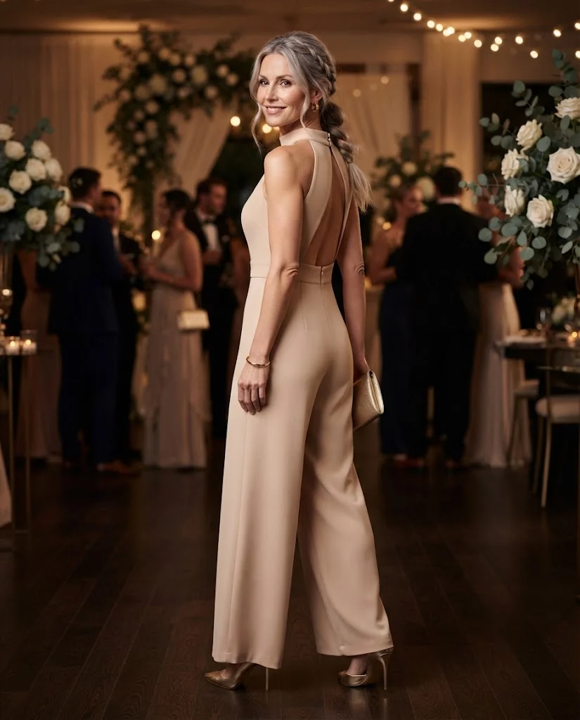 Wedding Guest Outfits for Women Over 40: 20+ Elegant Ideas 12 Nude Backless Jumpsuit with Gold Accessories, an elegant wedding guest outfit for women over 40
