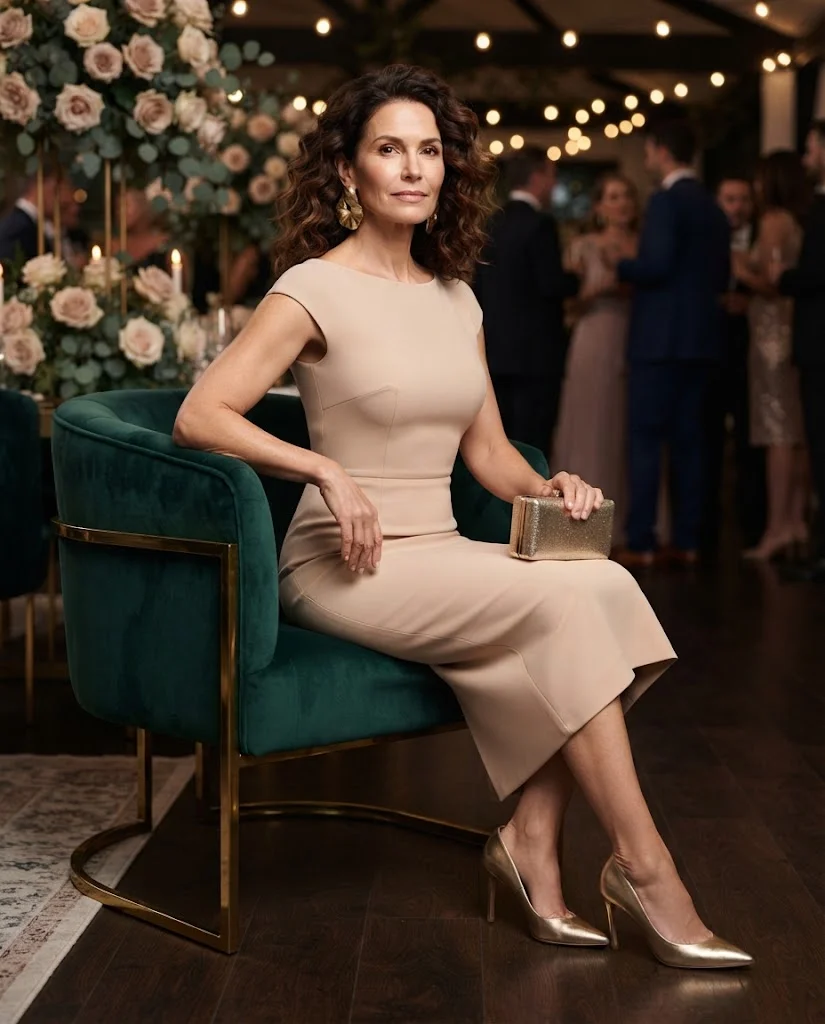 Wedding Guest Outfits for Women Over 40: 20+ Elegant Ideas 15 Nude Fitted Midi Dress with Statement Earrings, an elegant wedding guest outfit for women over 40