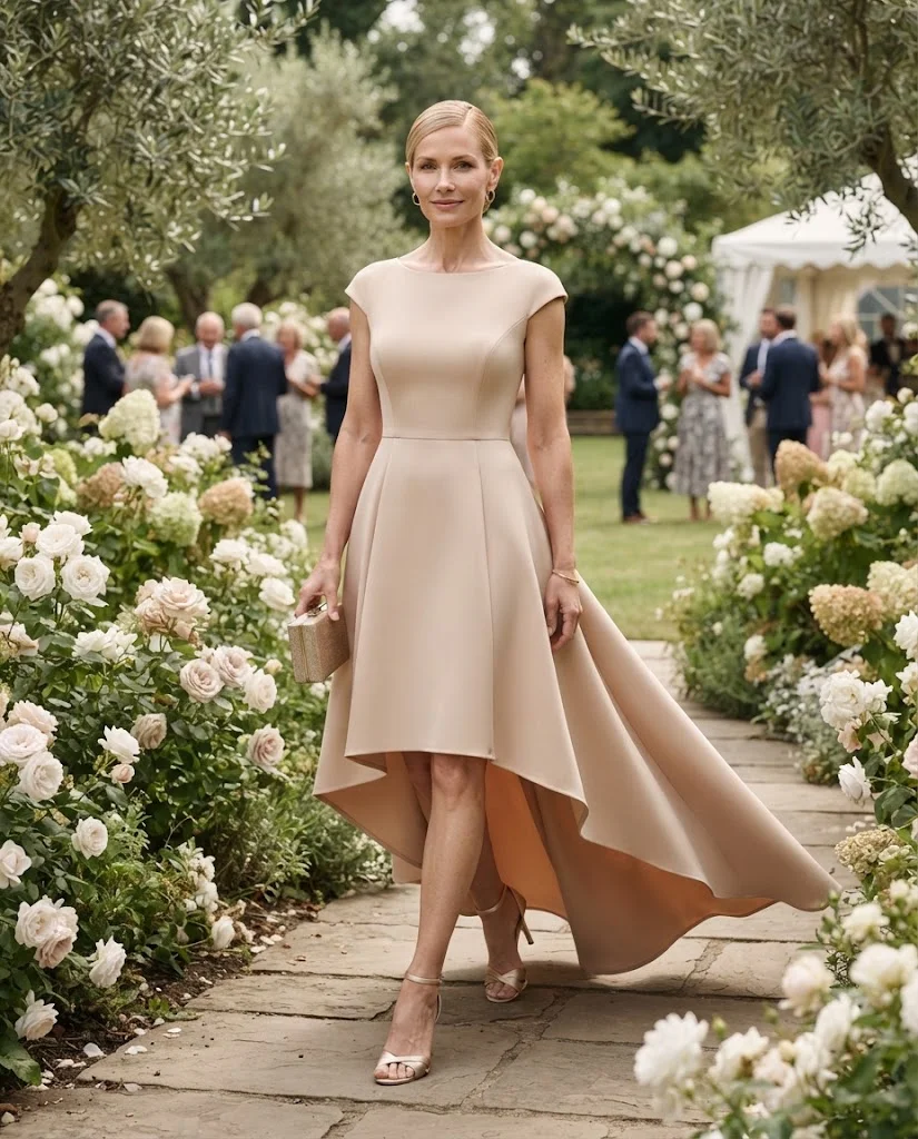 Wedding Guest Outfits for Women Over 40: 20+ Elegant Ideas 18 Nude High-Low Dress with Strappy Sandals, an elegant wedding guest outfit for women over 40