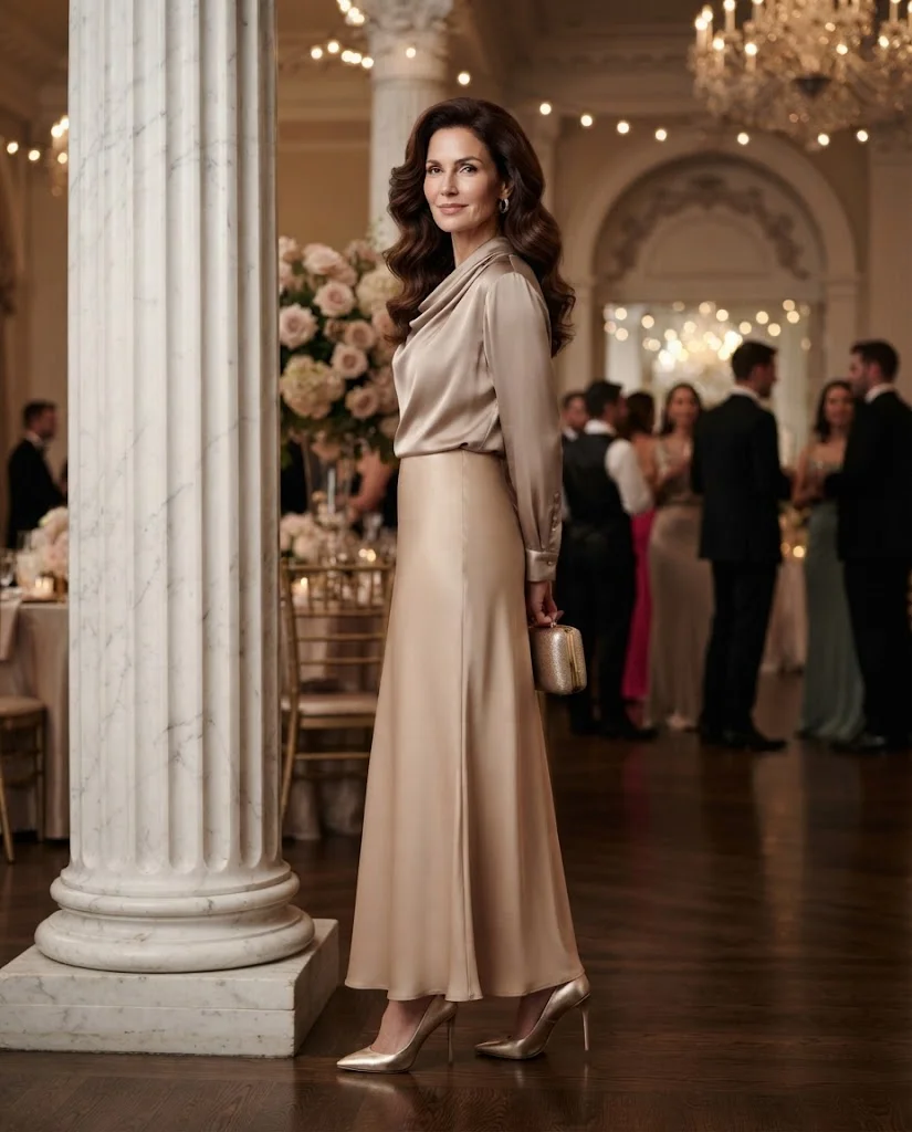 Wedding Guest Outfits for Women Over 40: 20+ Elegant Ideas 20 Nude Maxi Skirt with Draped Satin Top, an elegant wedding guest outfit for women over 40