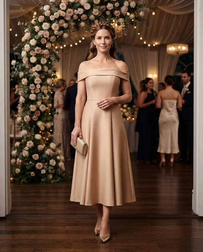 Wedding Guest Outfits for Women Over 40: 20+ Elegant Ideas 21 Nude Off-Shoulder Midi with Gold Heels, an elegant wedding guest outfit for women over 40