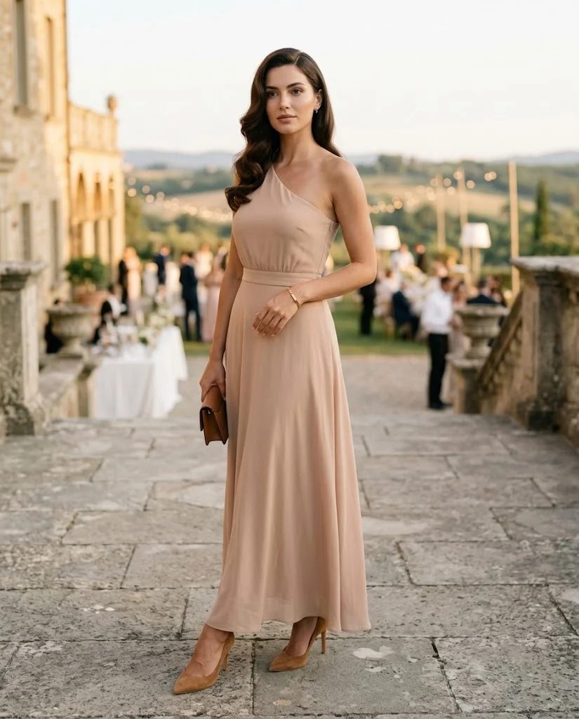 Nude One-Shoulder Maxi Dress with Tan Suede Heels, a stylish western wedding guest outfit for women
