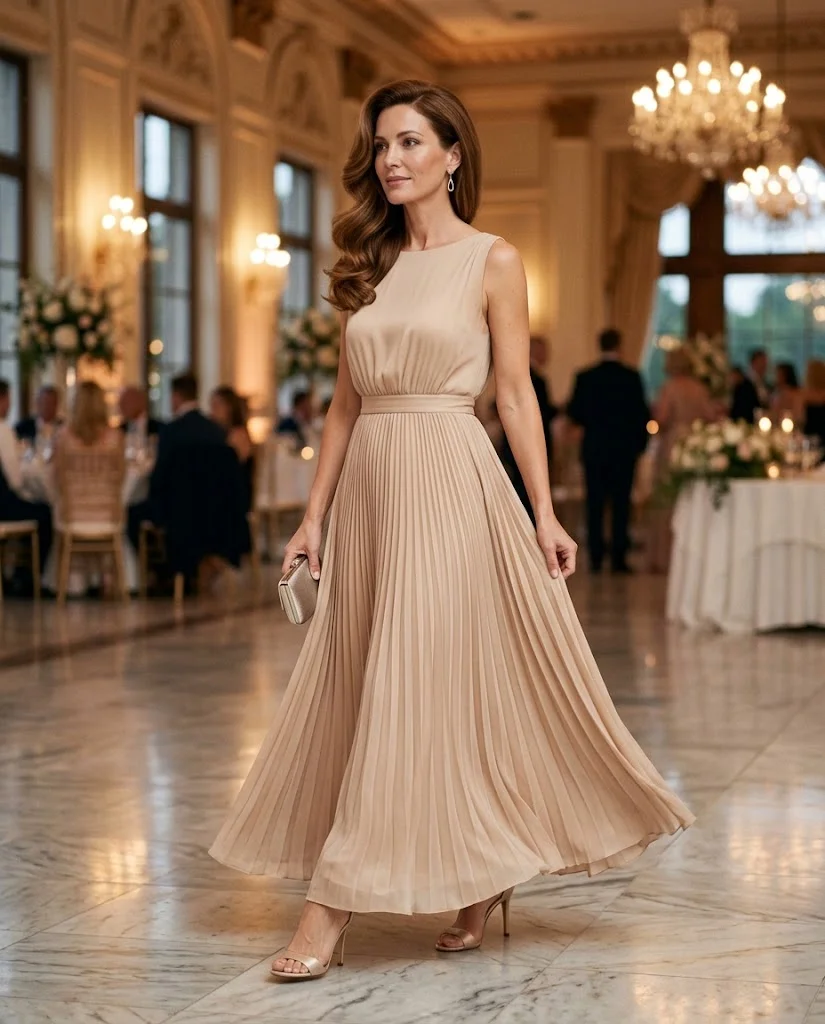 Wedding Guest Outfits for Women Over 40: 20+ Elegant Ideas 9 Nude Pleated Maxi Dress with Champagne Heels, an elegant wedding guest outfit for women over 40