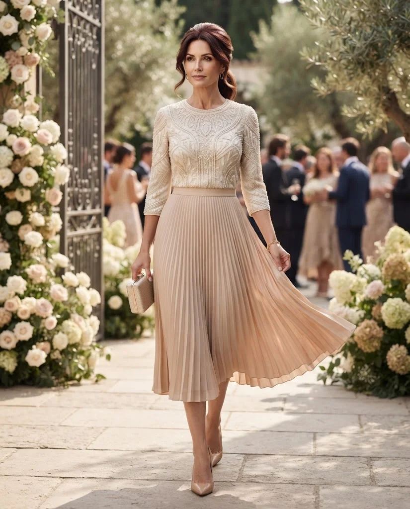 Wedding Guest Outfits for Women Over 40: 20+ Elegant Ideas 17 Nude Pleated Skirt with Embellished Blouse, an elegant wedding guest outfit for women over 40