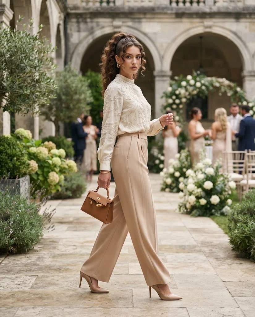 women wearing Nude Pleated Trousers With an Embellished Blouse