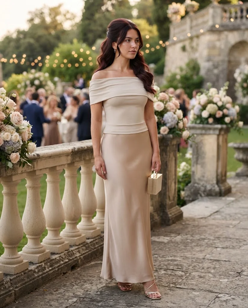 women wearing  Nude Satin Maxi Skirt With an Off-Shoulder Top