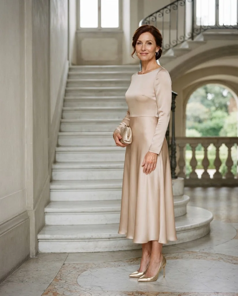 Nude Satin Midi Dress with Gold Heels, an elegant wedding guest outfit for women over 50