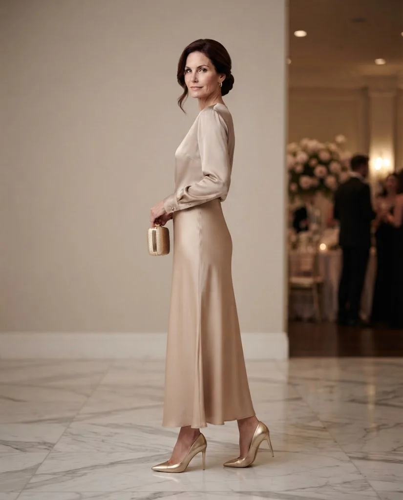 Wedding Guest Outfits for Women Over 40: 20+ Elegant Ideas 2 Nude Satin Midi Dress with Gold Heels, an elegant wedding guest outfit for women over 40