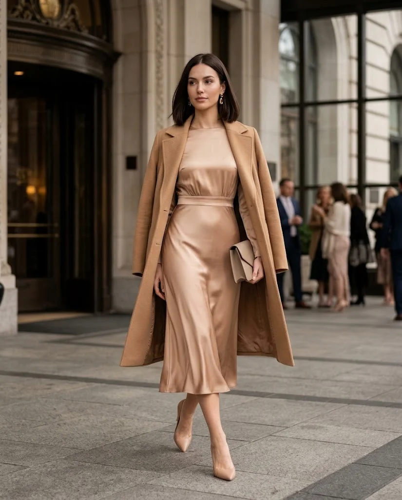 women wearing Nude Satin Midi Dress With a Camel Coat