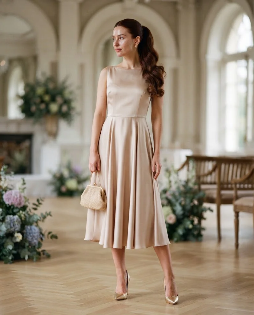 Nude Satin Midi Dress with Gold Heels, a classy and elegant wedding guest outfit for women