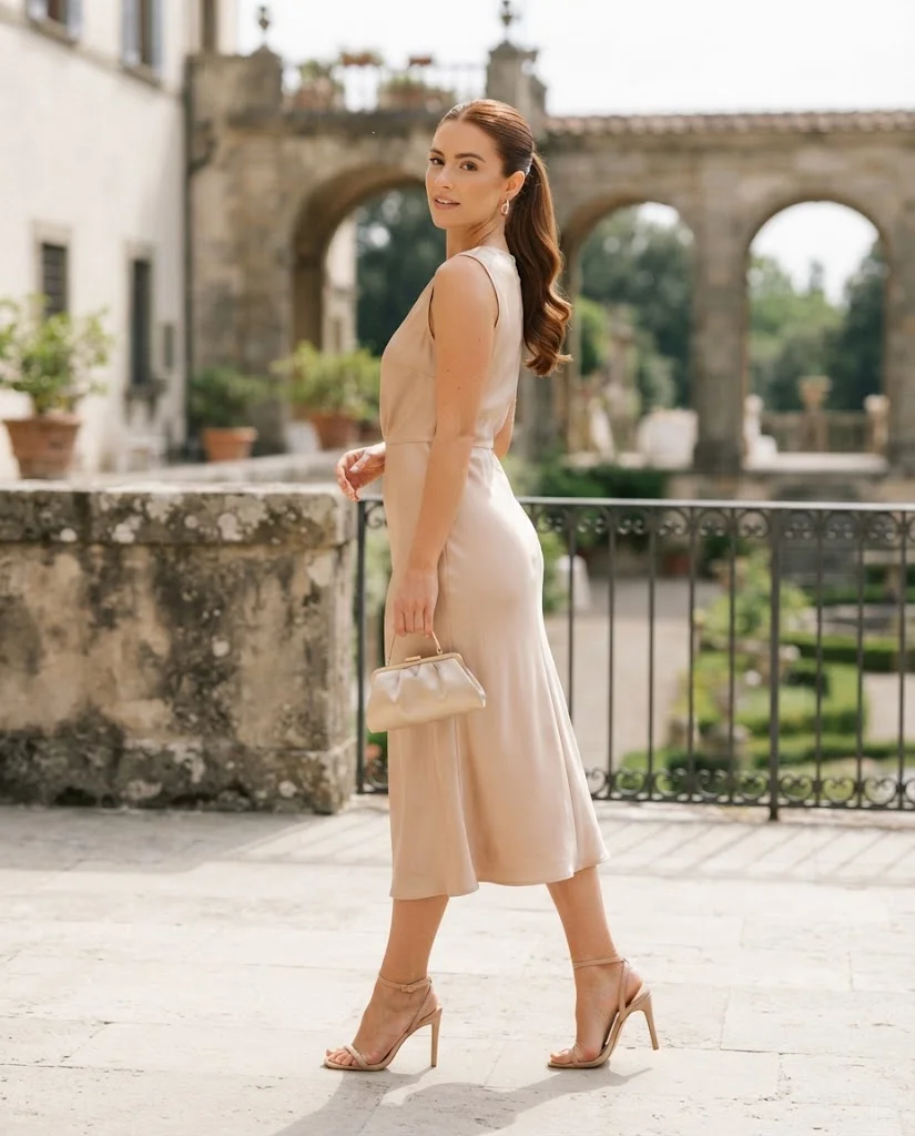Nude Satin Midi Dress with Strappy Heels, a stylish petite wedding guest outfit for women