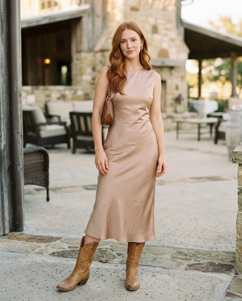 Nude Satin Midi Dress with Tan Cowboy Boots, a stylish western wedding guest outfit for women
