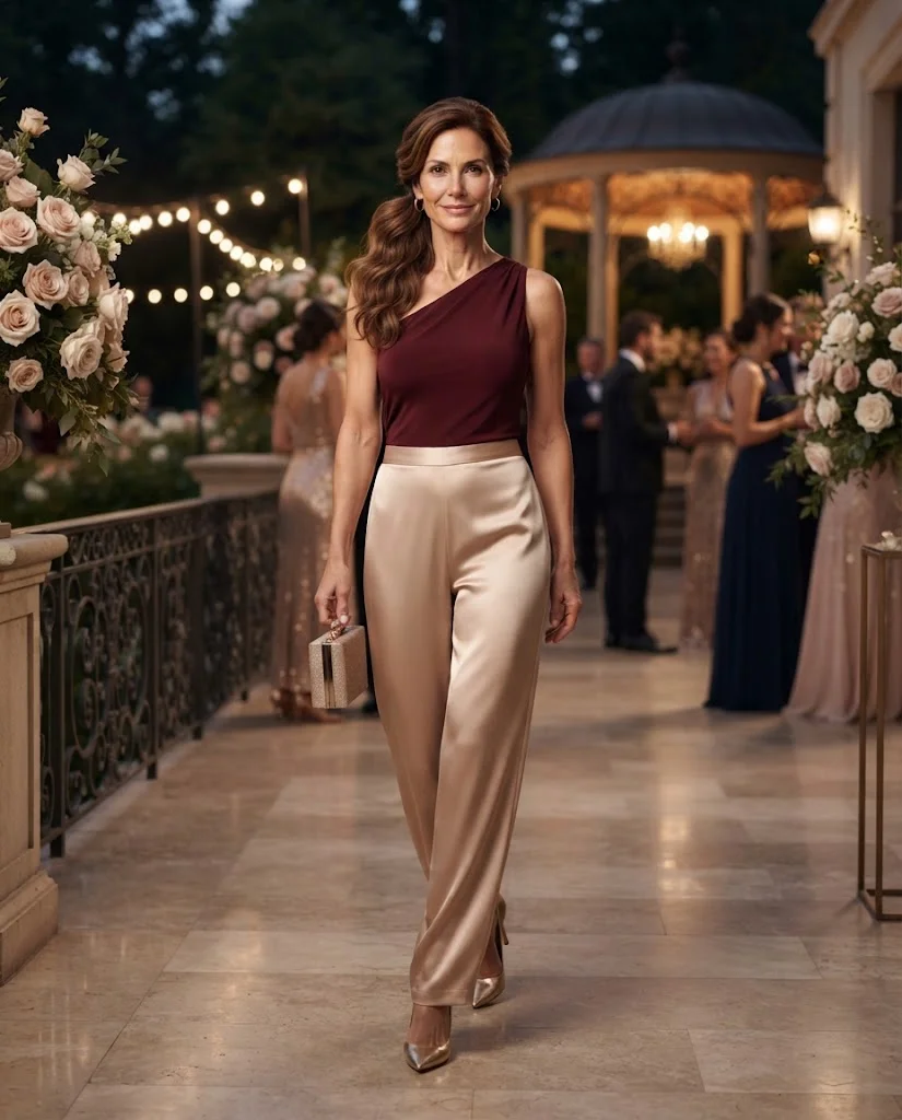 Wedding Guest Outfits for Women Over 40: 20+ Elegant Ideas 16 Nude Satin Trousers with One-Shoulder Top, an elegant wedding guest outfit for women over 40