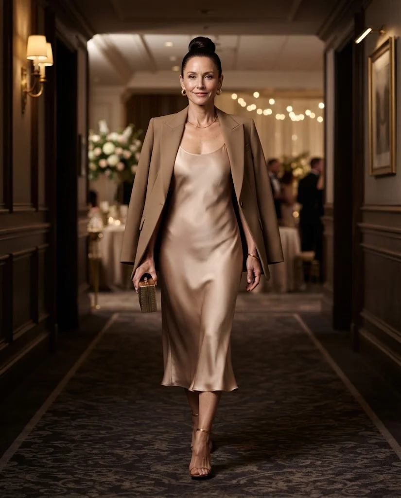 Wedding Guest Outfits for Women Over 40: 20+ Elegant Ideas 13 Nude Slip Dress with Tailored Blazer, an elegant wedding guest outfit for women over 40