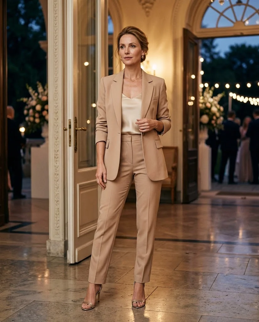 Wedding Guest Outfits for Women Over 40: 20+ Elegant Ideas 8 Nude Tailored Suit with Silk Camisole, an elegant wedding guest outfit for women over 40