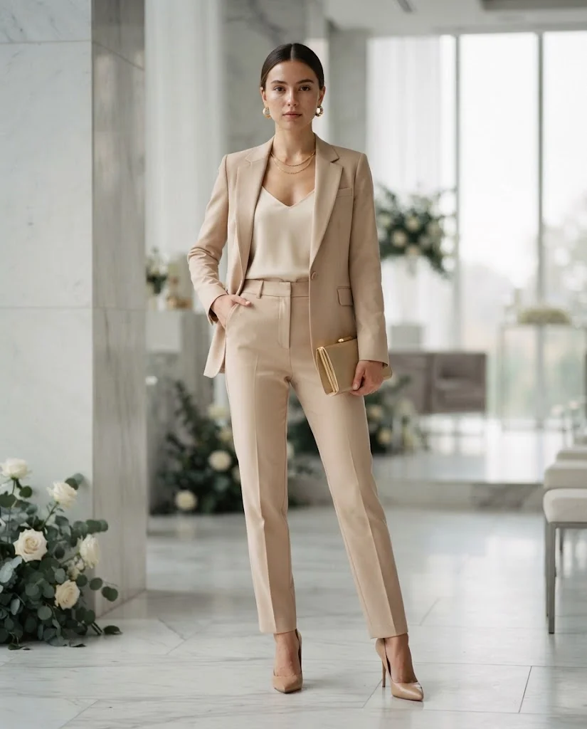 Nude Tailored Suit with a Silk Camisole, a classy and elegant wedding guest outfit for women