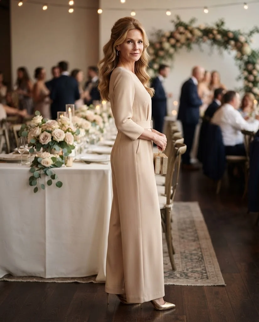 Wedding Guest Outfits for Women Over 40: 20+ Elegant Ideas 19 Nude Wide-Leg Jumpsuit with Defined Waist, an elegant wedding guest outfit for women over 40