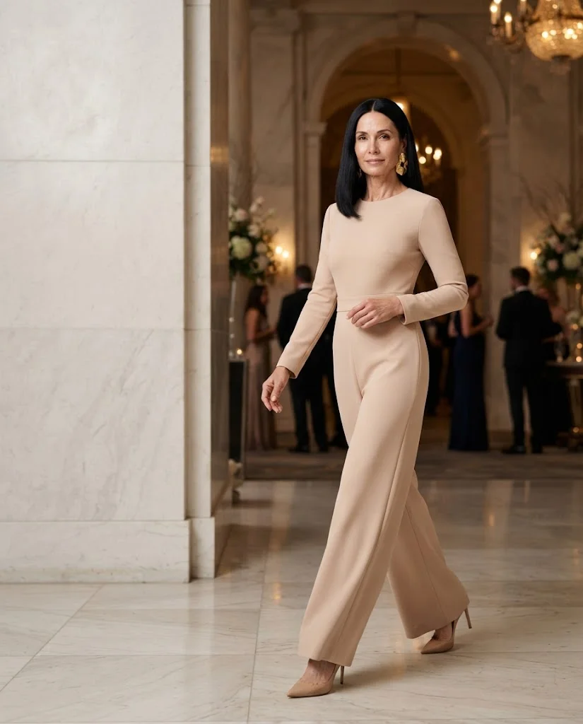 Nude Wide-Leg Jumpsuit with Statement Earrings, an elegant wedding guest outfit for women over 50