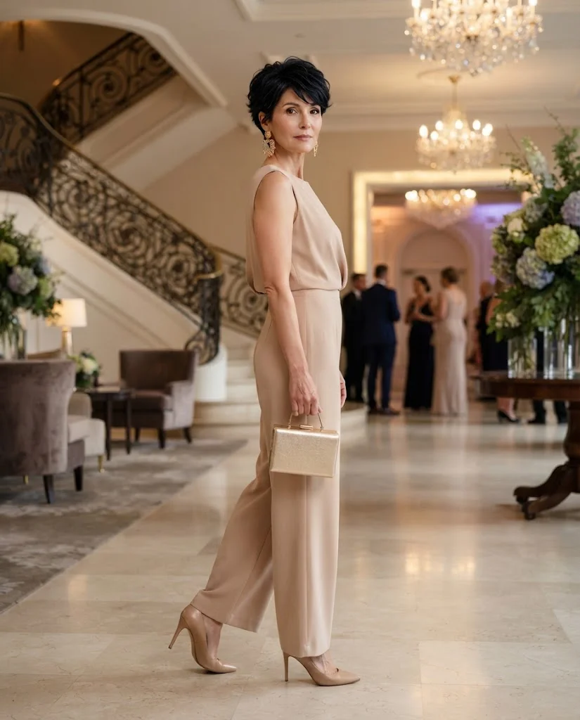 Nude Wide-Leg Jumpsuit with Statement Earrings, a semi-formal wedding guest outfit for women over 50