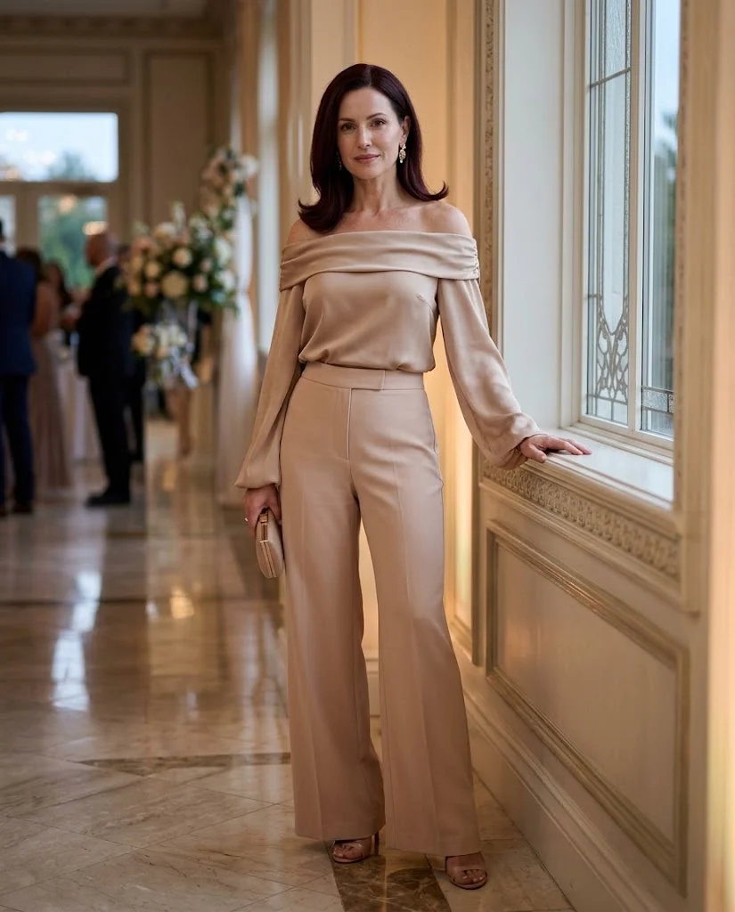 Wedding Guest Outfits for Women Over 40: 20+ Elegant Ideas 10 Nude Wide-Leg Pants with Off-Shoulder Blouse, an elegant wedding guest outfit for women over 40
