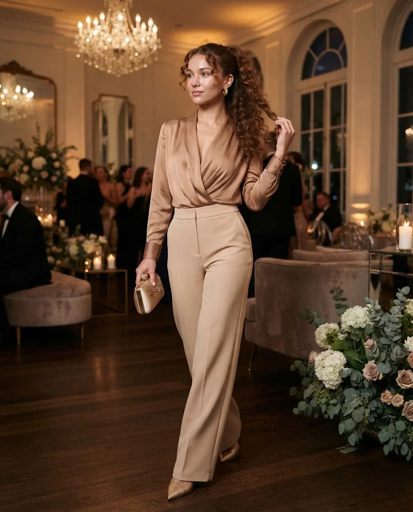 Nude Wide-Leg Trousers with a Plunging Satin Blouse, a classy and elegant wedding guest outfit for women