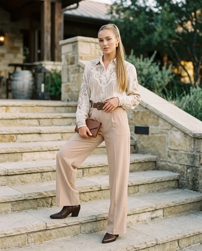 Nude Wide-Leg Trousers with a Western-Inspired Blouse, a stylish western wedding guest outfit for women