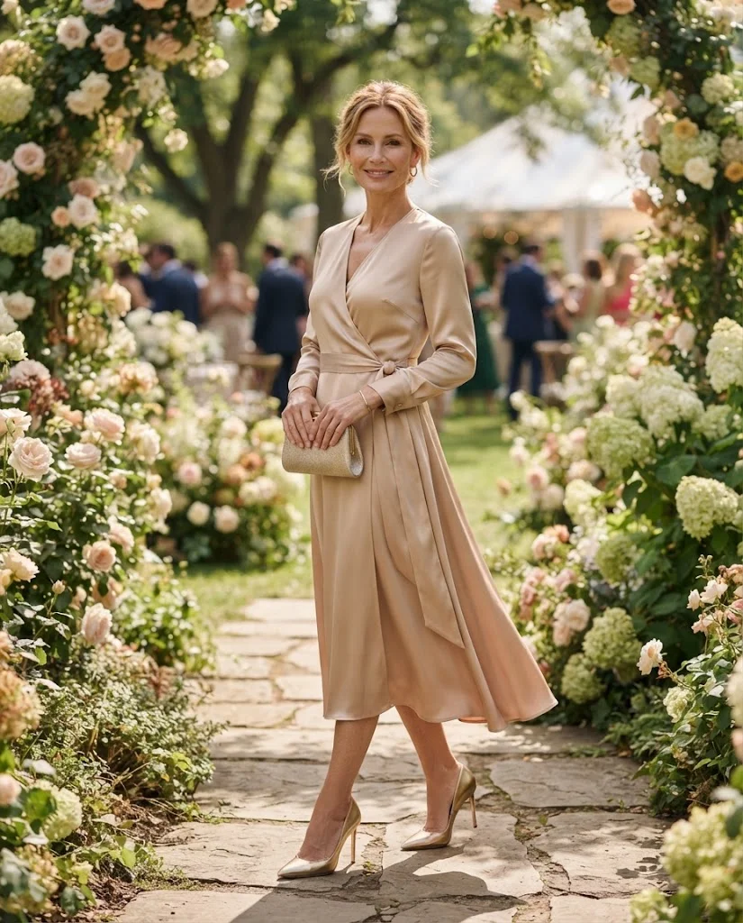 Wedding Guest Outfits for Women Over 40: 20+ Elegant Ideas 11 Nude Wrap Dress with Metallic Heels, an elegant wedding guest outfit for women over 40