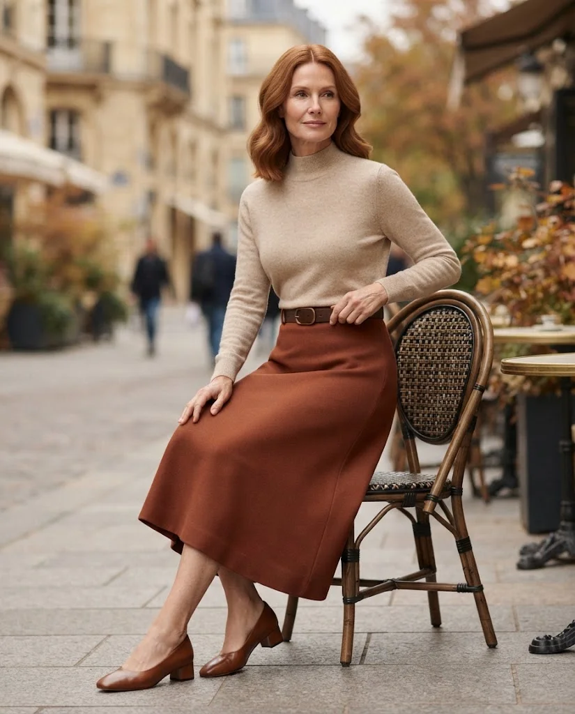women wearing  Oatmeal Mock-Neck Sweater With Rust Midi Skirt