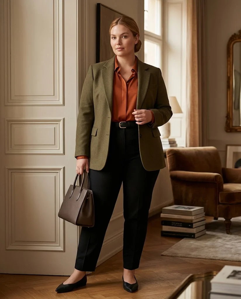 Olive Blazer With a Rust Blouse and Black Trousers Plus Size Thanksgiving Outfit