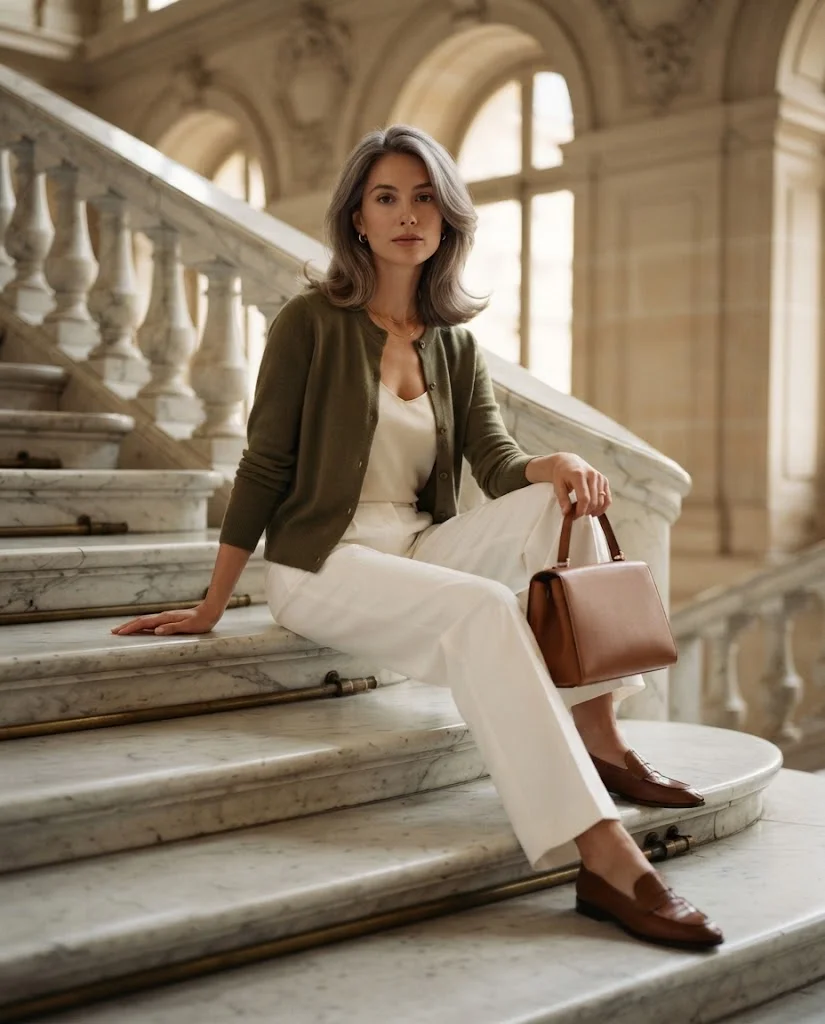 Olive Cardigan with White Wide-Leg Pants, an elegant old money warm-weather fall outfit for women