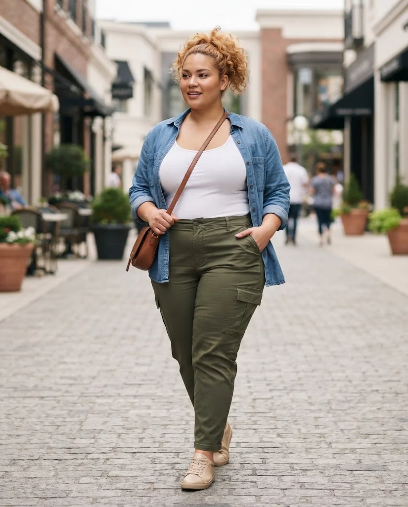 Olive Cargo Pants With a White Ribbed Tank Plus Size Casual Outfit