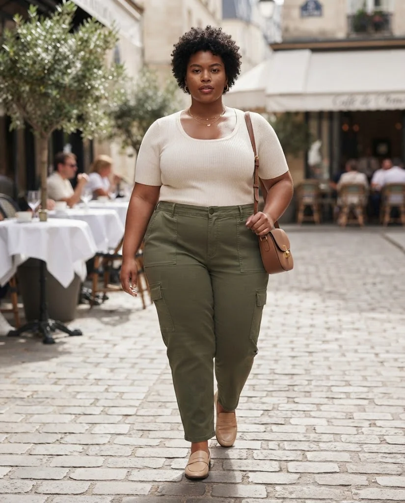 Plus Size Brunch Outfits for Women: 15 Stylish Ideas 8 Olive Cargo Pants With an Ivory Knit Top Plus Size Brunch Outfit