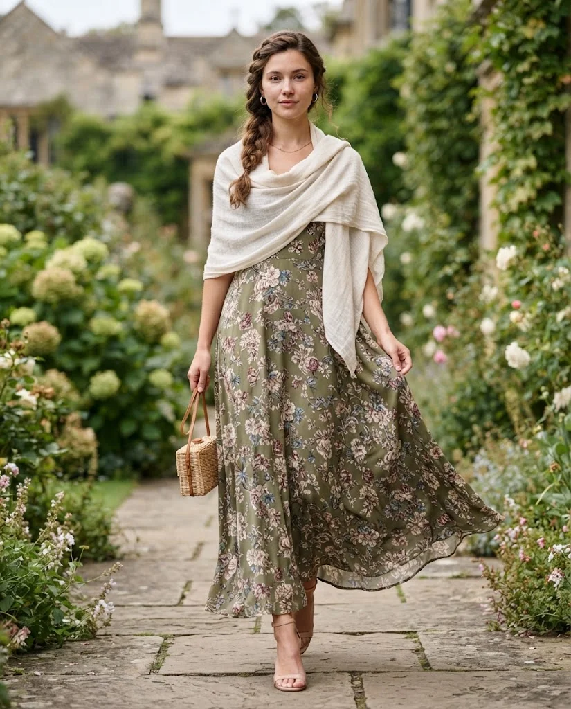 women wearing Olive Floral Maxi Dress With a Neutral Wrap