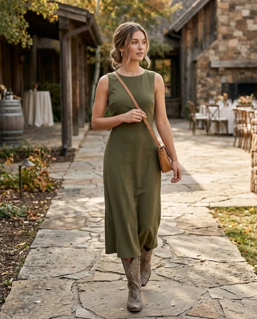 Olive Green Midi Dress with Embellished Cowboy Boots, a stylish western wedding guest outfit for women