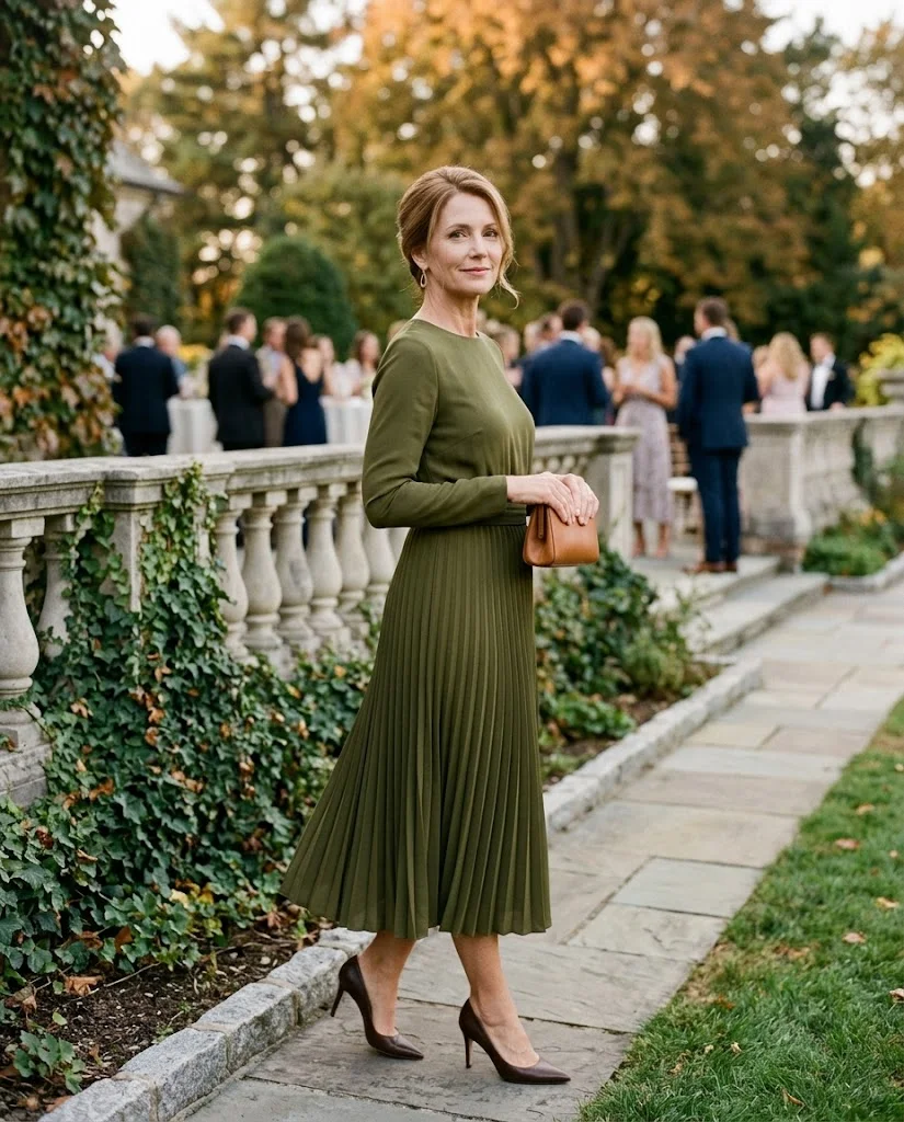 Olive Green Pleated Dress with Brown Pumps, a fall wedding guest outfit for women over 50