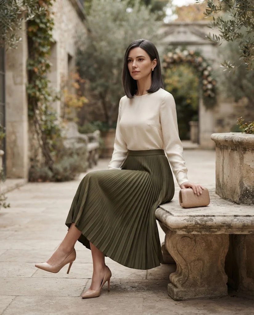Olive Green Pleated Midi Skirt + Cream Blouse