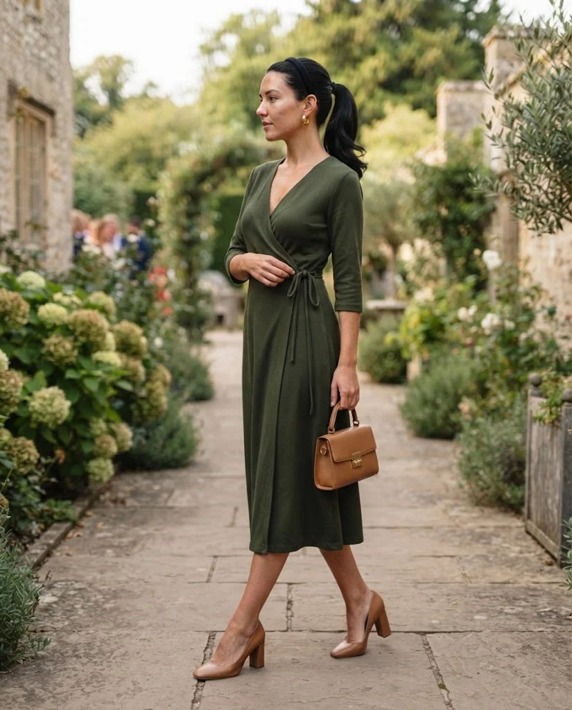 women wearing Olive Green Wrap Dress With Block Heels