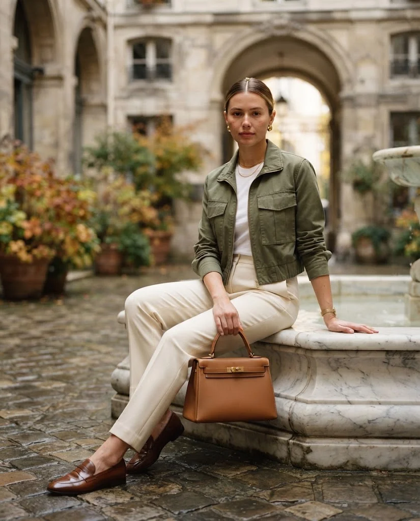 Olive Lightweight Jacket with White Tee and Cream Trousers, an elegant old money warm-weather fall outfit for women